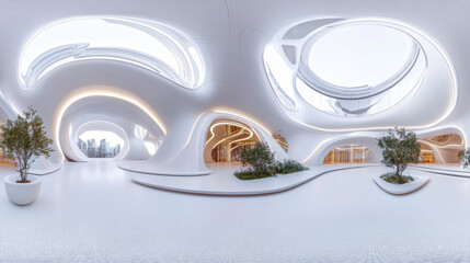 360 degree panorama view.A 3D image shows the inside of a modern, white, futuristic building.  It's a panoramic view.