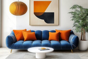 Modern living room with blue velvet sofa orange throw pillows white walls and abstract art