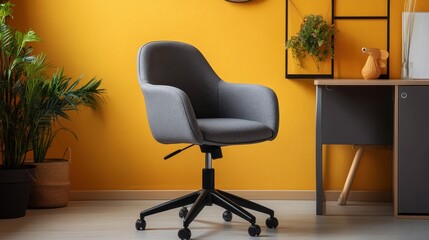 A modern office chair in a stylish workspace with a vibrant yellow wall and plants.