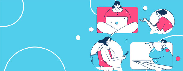 Virtual characters social communication concept business flat vector hand drawn illustration
