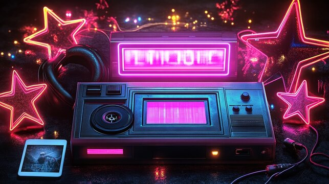 Neon Colors 80s Retro Background with Cassette Tape Headphones and Boombox - Powered by Adobe