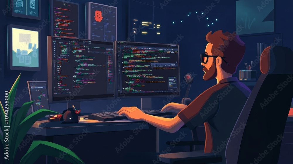 Poster coding challenge programmer's desk home office digital workspace nighttime side angle tech innovatio
