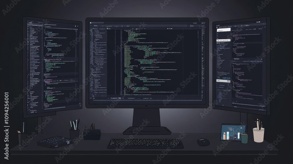 Poster tech workspace setup showcasing coding environment home office digital content modern aesthetic over