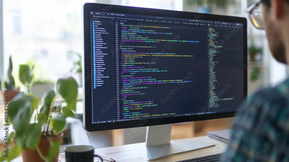 Poster coding session at home office programmer's workspace digital content bright environment close-up vie