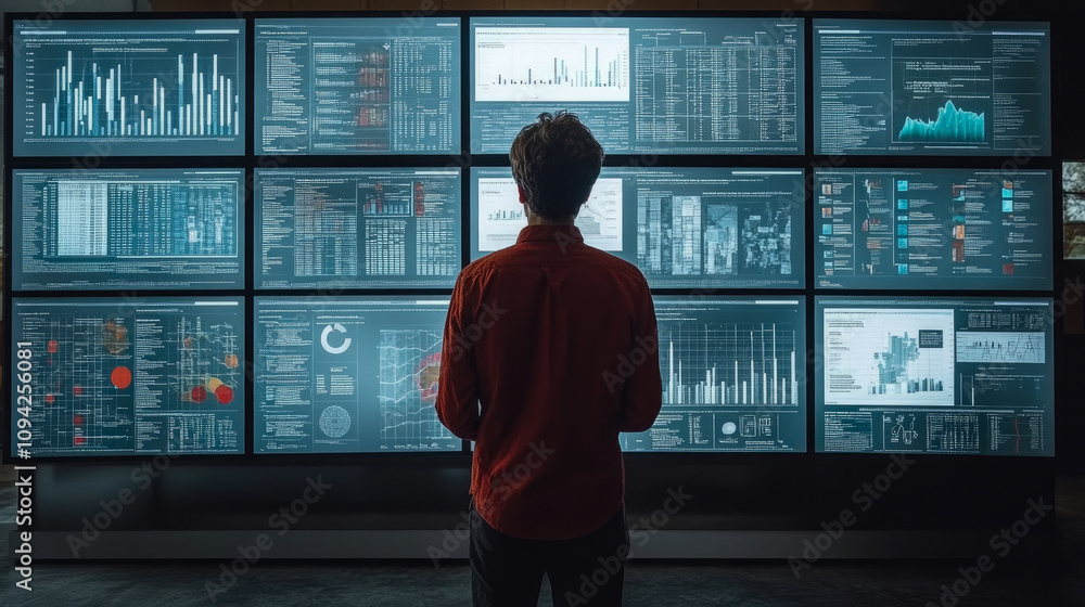 Poster an analyst focuses on various screens displaying data visualizations, statistics, and trends in a co