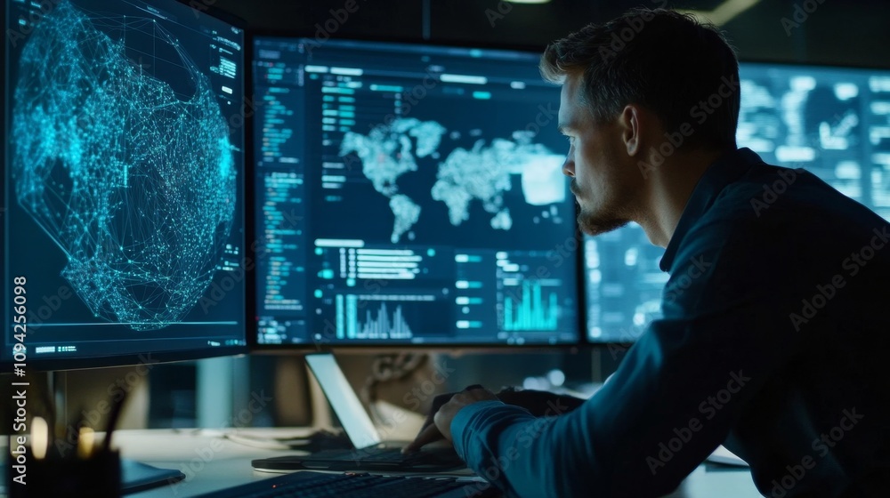 Poster data analyst working on complex algorithms tech office digital workspace nighttime focused analysis 