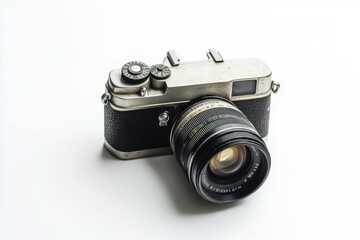 Fototapeta premium A vintage camera rests elegantly on a clean surface. This classic piece of photography equipment evokes nostalgia and artistry. Perfect for creative projects. Generative AI