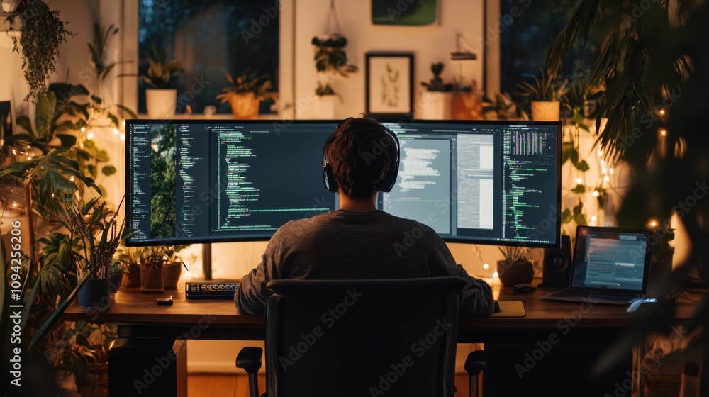 Poster coding session home office digital workspace indoor rear view focused programming with greenery