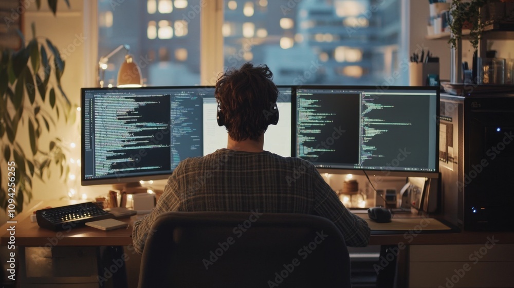 Poster software development process home office digital workspace urban setting over-the-shoulder view remo