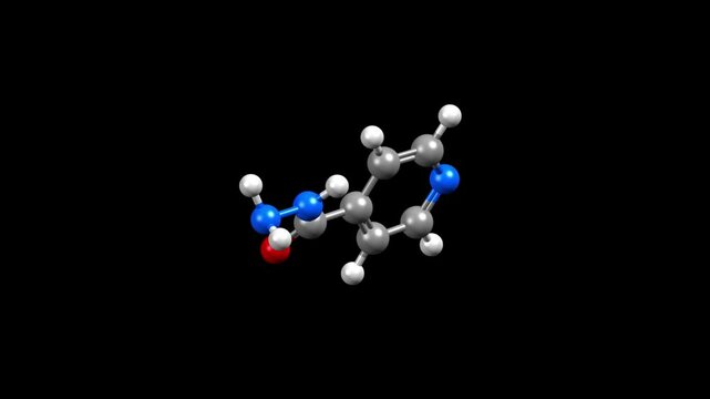 Structure of isoniazid. Animated 3D ball-and-stick and space-filled models, black background.