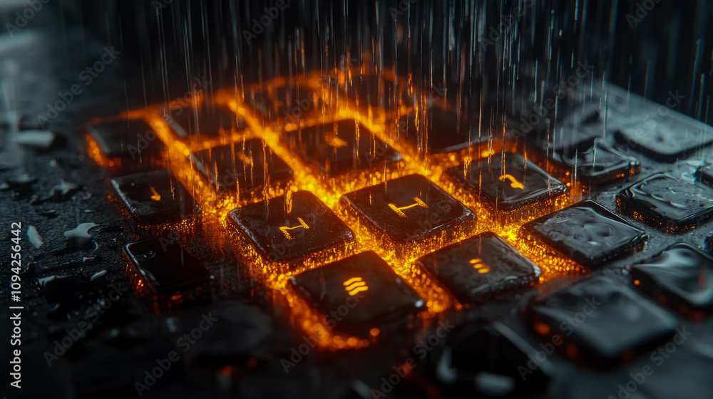 Poster glowing keys of a keyboard are submerged in water, creating a vibrant contrast against the dark back