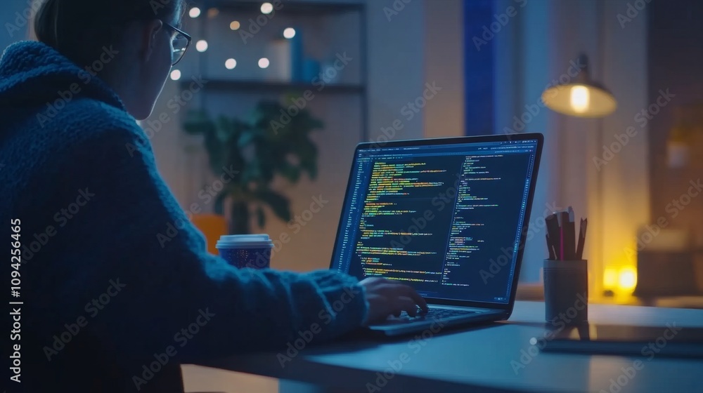 Poster nighttime coding session home office digital workspace cozy environment close-up view productivity a
