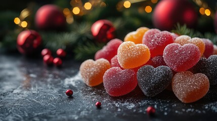 A festive display of heart-shaped gummy candies surrounded by holiday decorations.