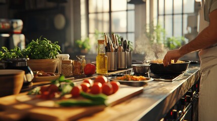 Fototapeta premium A man is cooking in a kitchen with a variety of vegetables and spices