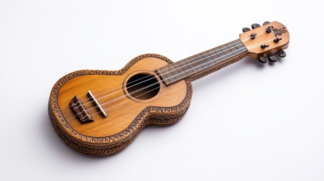 The charango showcases fine wooden carvings and craftsmanship against a simple backdrop