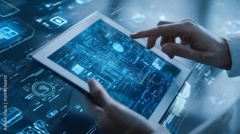 Poster digital interaction with innovative technology modern workspace visual data futuristic environment c