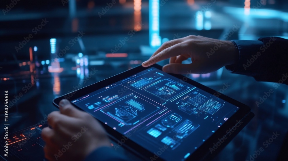 Poster innovative technology usage futuristic lab digital interface high-tech environment close-up view dat
