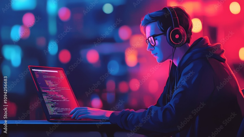 Poster coding marathon tech enthusiast in neon-lit workspace digital art virtual environment close-up persp