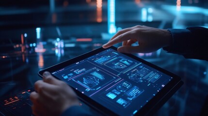 Innovative technology usage futuristic lab digital interface high-tech environment close-up view data analysis concept