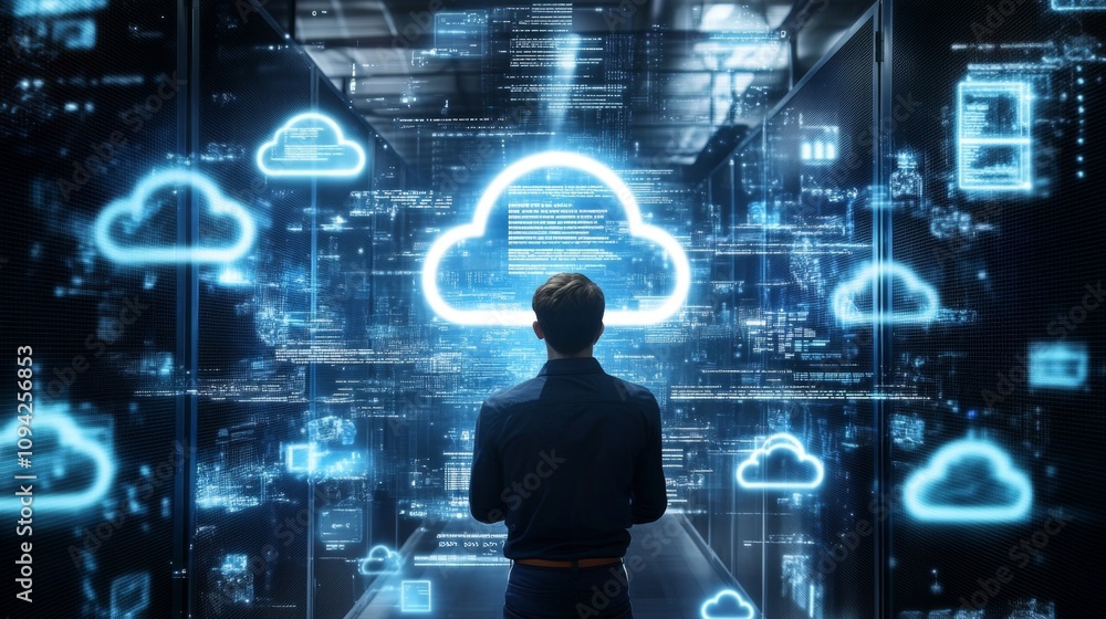 Poster exploring cloud computing technology data center digital environment futuristic viewpoint innovative