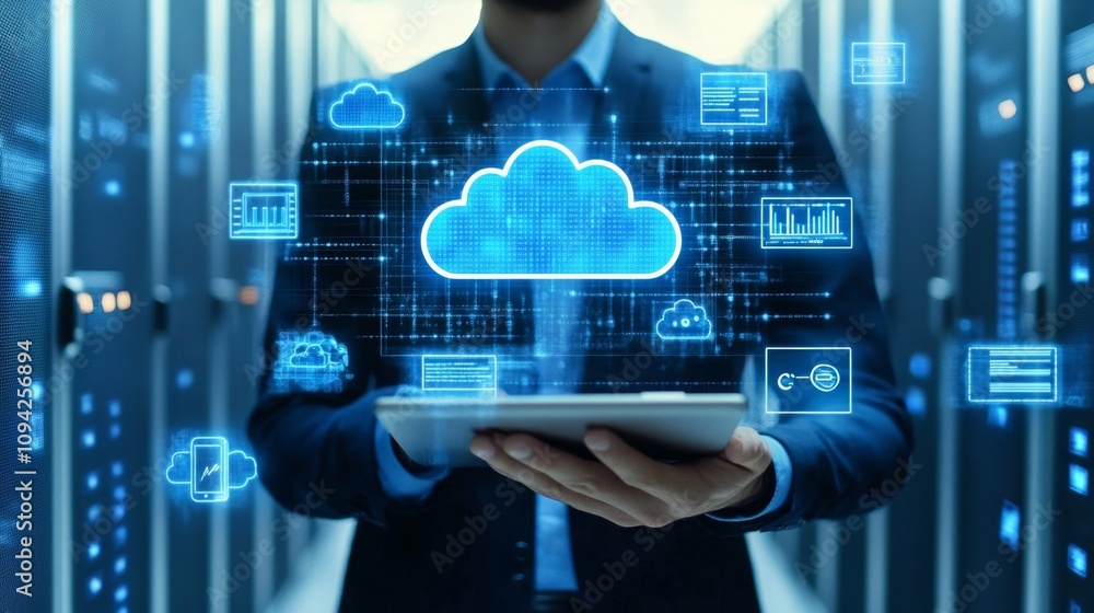 Poster cloud computing innovation showcase data center digital technology secure environment professional v