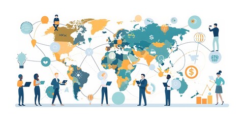 Global business networking framework encompassing analysis, data exchange, customer connections, HR recruitment, global outsourcing, customer service excellence, teamwork collaboration, 