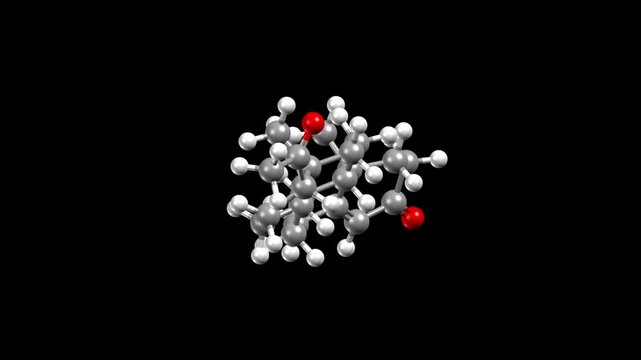 Structure of the hormone progesterone. Animated 3D ball-and-stick and space-filled models, black background.