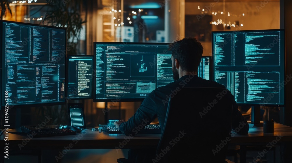 Aufkleber tech professional analyzing code modern office digital workspace urban environment nighttime view in