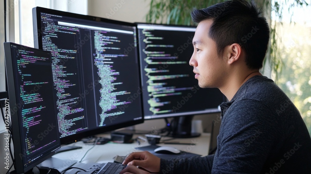Poster software development in a modern workspace tech office digital content creation urban environment fo