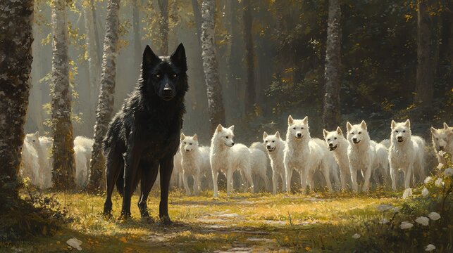 A striking black wolf stands in a forest surrounded by a pack of white wolves, creating a dramatic scene.