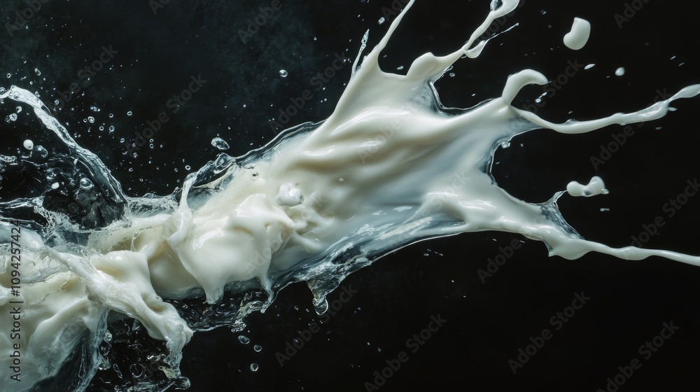 Poster dynamic milk splash action studio environment visual content dark background high-contrast viewpoint