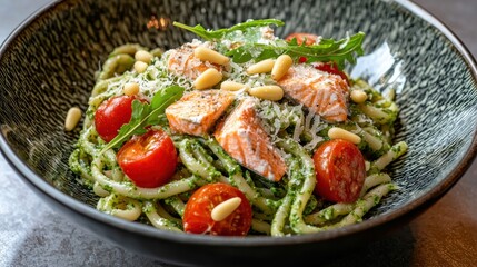 Omega-3 Rich Salmon and Arugula Pesto Pasta for Healthy Lunch