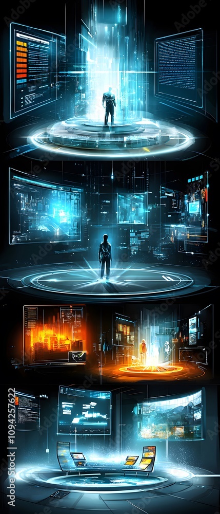 Poster futuristic holographic interface and data visualization.