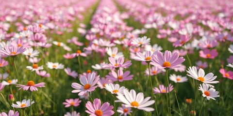 Fototapeta premium Endless rows of cosmos flowers swaying gently in the breeze, botanical garden, floral fields