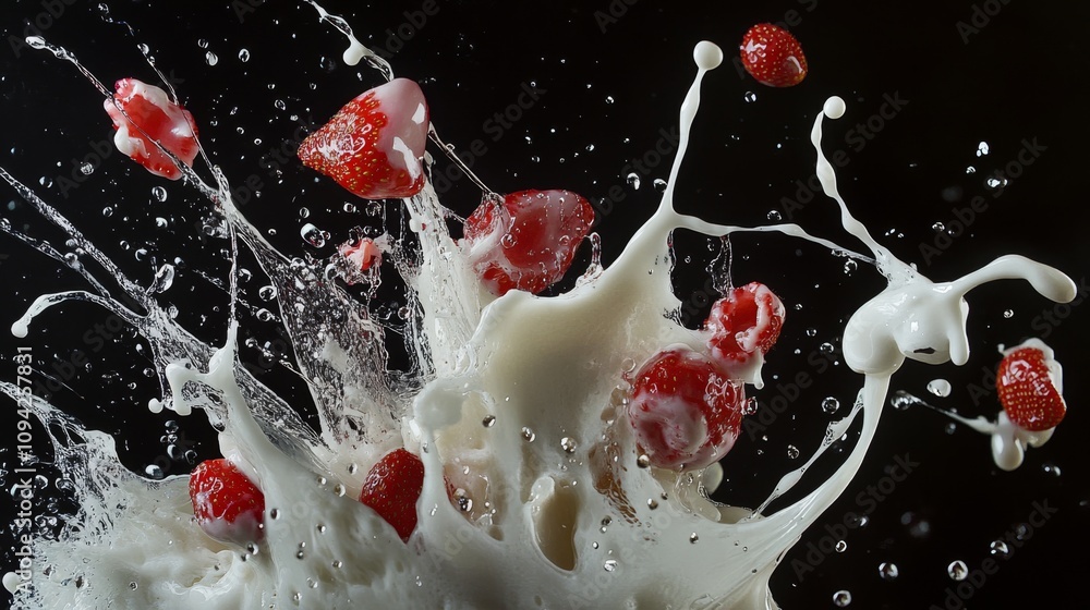 Poster dynamic strawberry splash studio setting food photography dark background close-up visual delight fo