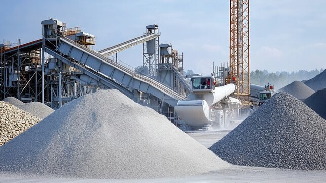 Industrial site with machinery processing aggregates and piles of materials.