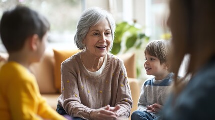 A senior citizen teaching a group of young children in an intergenerational learning program, Reflecting wisdom and connection across generations, photography style