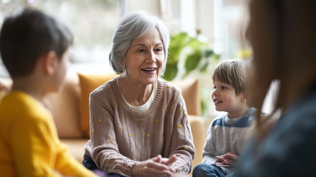 A senior citizen teaching a group of young children in an intergenerational learning program, Reflecting wisdom and connection across generations, photography style