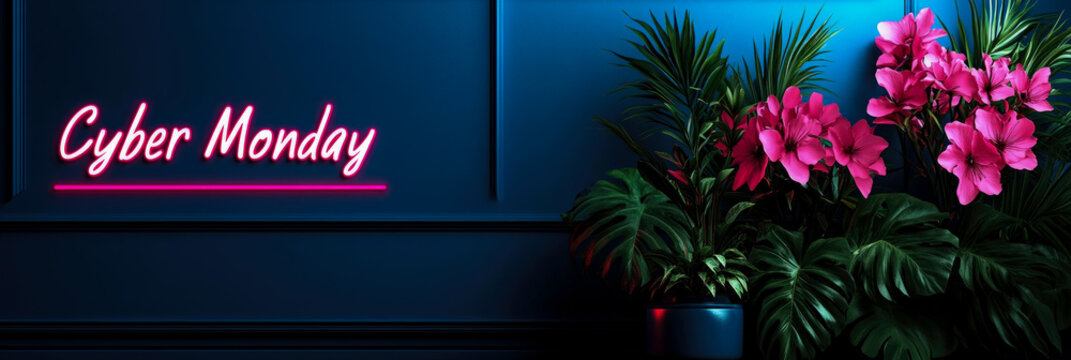 Vibrant pink flowers and lush greenery enhance a festive Cyber Monday atmosphere with eye-catching neon signage on a dark background