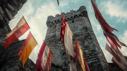A majestic castle stands tall against the cloudy sky. Colorful banners billow gently in the breeze. A scene full of history and imagination awaits. Generative AI