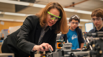 Engaged in a robotics project, a mother in business attire uses safety goggles to guide students. Afternoon light fills the STEM lab as she explains complex concepts to eager club members