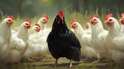 A striking black rooster stands out among a flock of white hens in a serene rural setting.