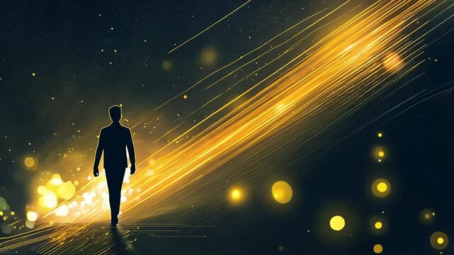 A Solitary Figure Walking Towards a Stream of Light in a Starry Sky