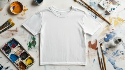 Creative painting session with a blank t-shirt art studio diy project colorful environment top-down...