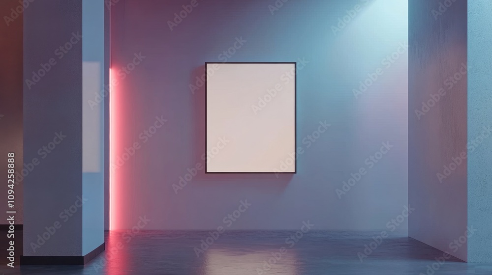 Aufkleber a minimalist gallery space featuring an empty frame and colorful lighting.