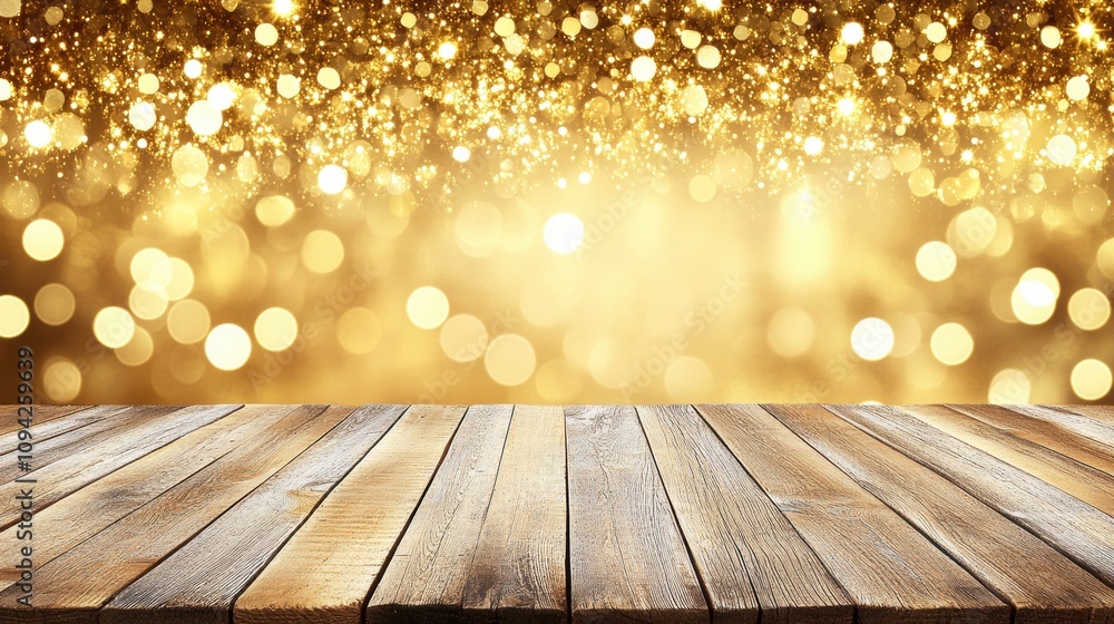 Poster empty wooden table with sparkling gold background for festive display