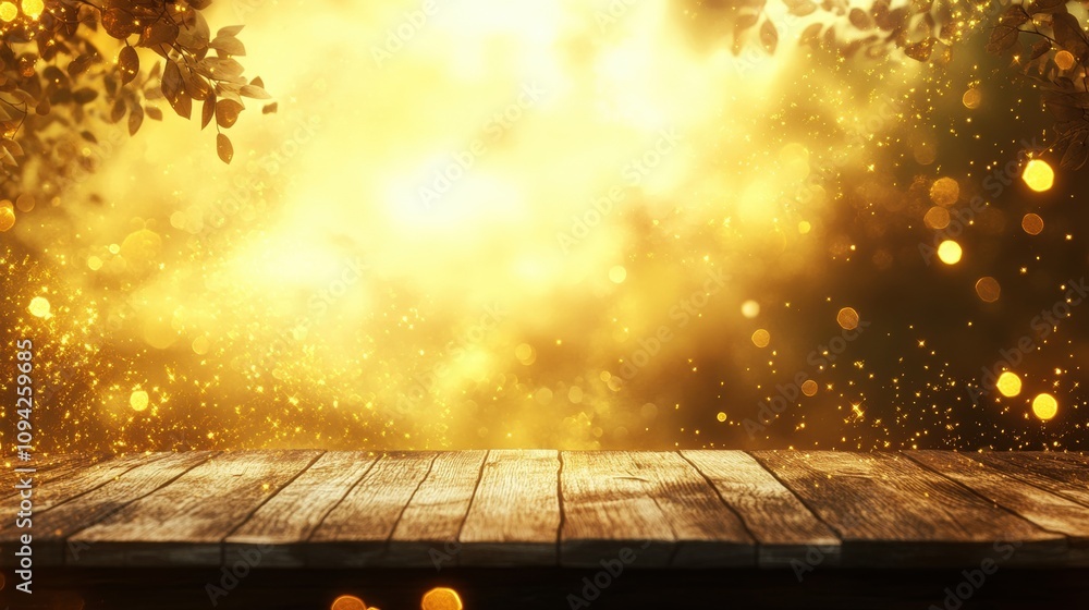 Poster empty wooden table with sparkling gold background for festive display