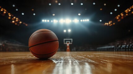 Obraz premium Basketball on a Court with Bright Lights and a Blurred Backdrop