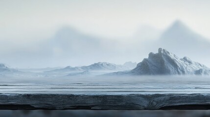 background in white with wooden table for product placement, unconventional and unusual, special , blurred mountain background bokeh