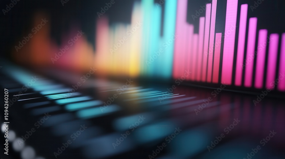 Aufkleber a close-up of a digital audio mixer displaying colorful sound waveforms, emphasizing modern technolo